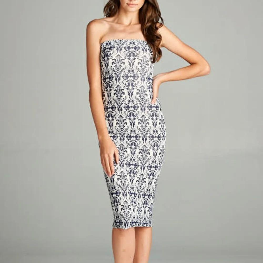 DNA couture Navy and White Strapless Midi Dress - Picture 3 of 5
